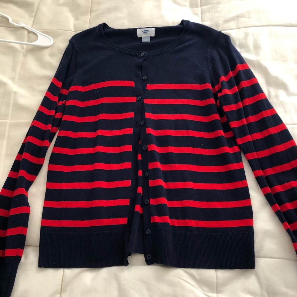 Navy and red cardigan